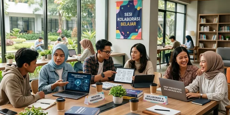 Ilustrasi sesi mahasiswa mengajar teknologi dan karya personal